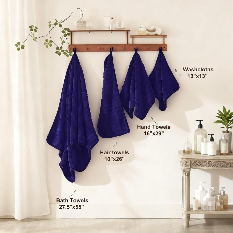 Set of 8 Lint-Free Towels in Navy Blue, Made of 500GSM Microfiber That Is Super Soft, Highly Absorbent, And Quick-Drying. This 3D Bubble Bathroom Set Includes 2 Bath Towels, 2 Hair Towels, 2 Hand Towels, And 2 Washcloths for Everyday Use.