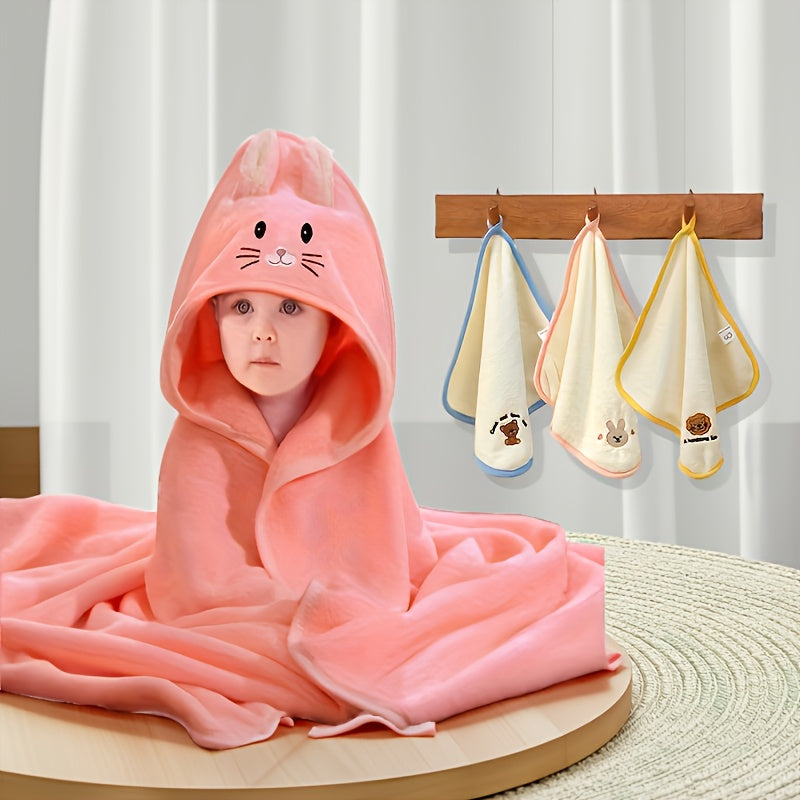 Cartoon Bunny Baby Bath Towel - 31.5 X 31.5 Inches, Comes with 3 Towels, Highly Absorbent, Good Warmth Retention, Easy to Clean, Animal Designed Baby Products, Toddler Bath Towels, Baby Essentials for New Parents, Christmas And Halloween Gifts