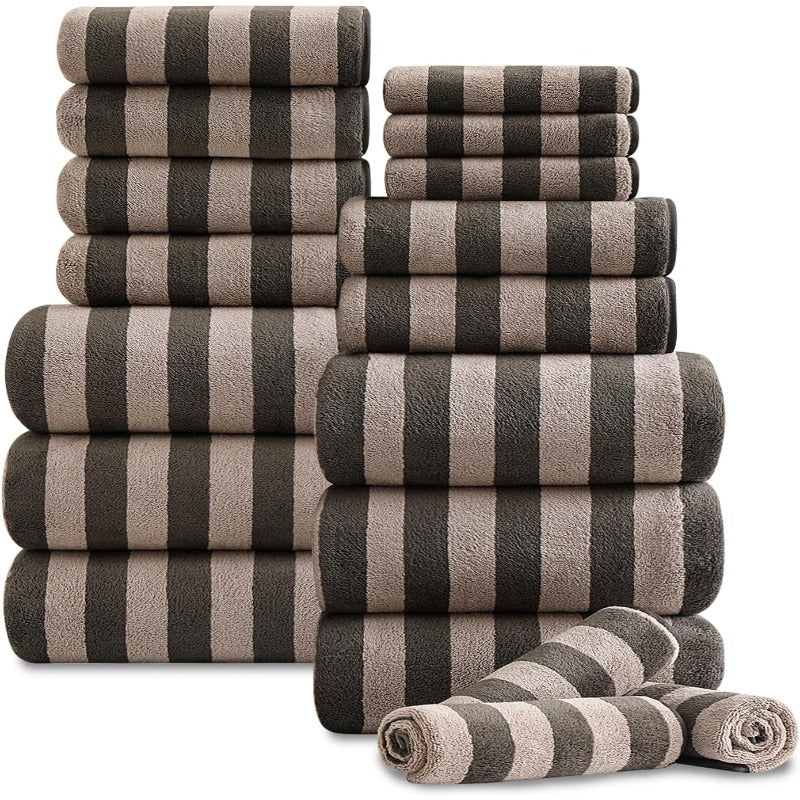 Set of 18 Brown Cabana Striped Towels for The Family, Featuring 6 Bath Sheets, 6 Hand Towels, And 6 Washcloths. These Ultra-Soft Bathroom Towels Are Highly Absorbent And Quick-Drying, Perfect for Use at The Beach, Spa, Gym, Or Hotel.