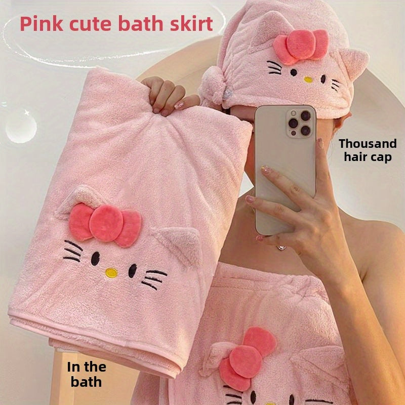 Y2K Sanrio Officially Approved for Hello Kitty Collection - Fast-Drying, Absorbent, Soft Coral Fleece, Weighing 300G, Pink with Heart And Bow Pattern, Ideal for Home Use Or As Gifts