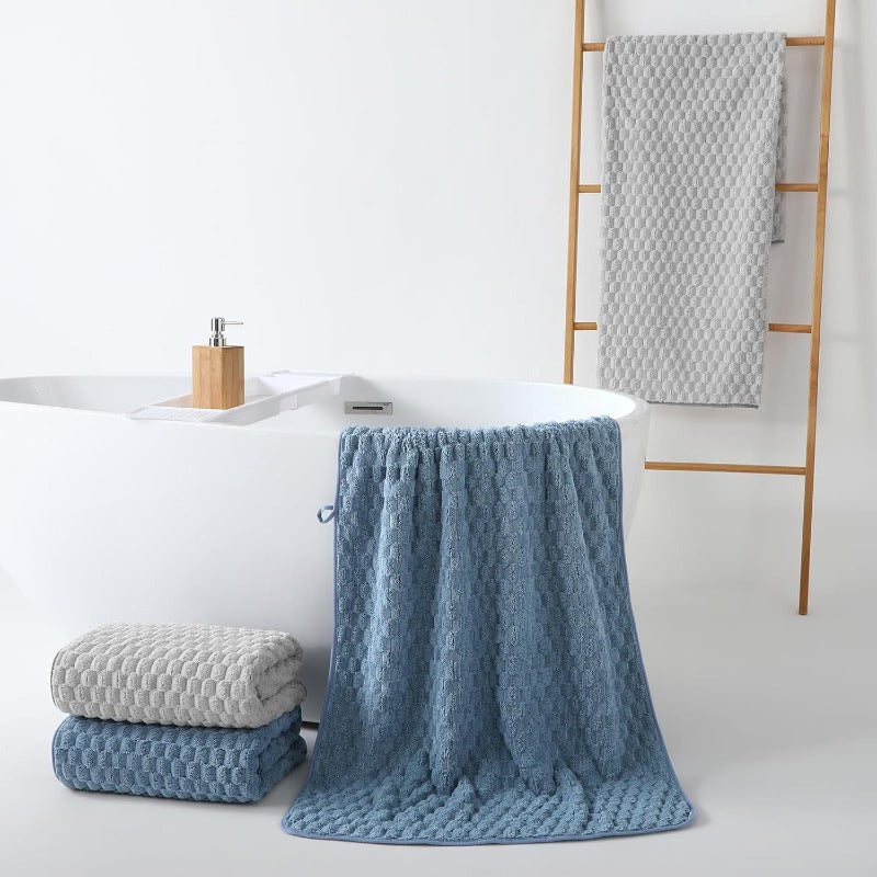 Microfiber Bath Towels Set of 4-27x55 Inch Large Waffle Bath Towels for Body Highly Absorbent Super Soft Lint Free Fluffy Shower Towel for Bathroom Gym Lightweight Towel Set Blue and Gray