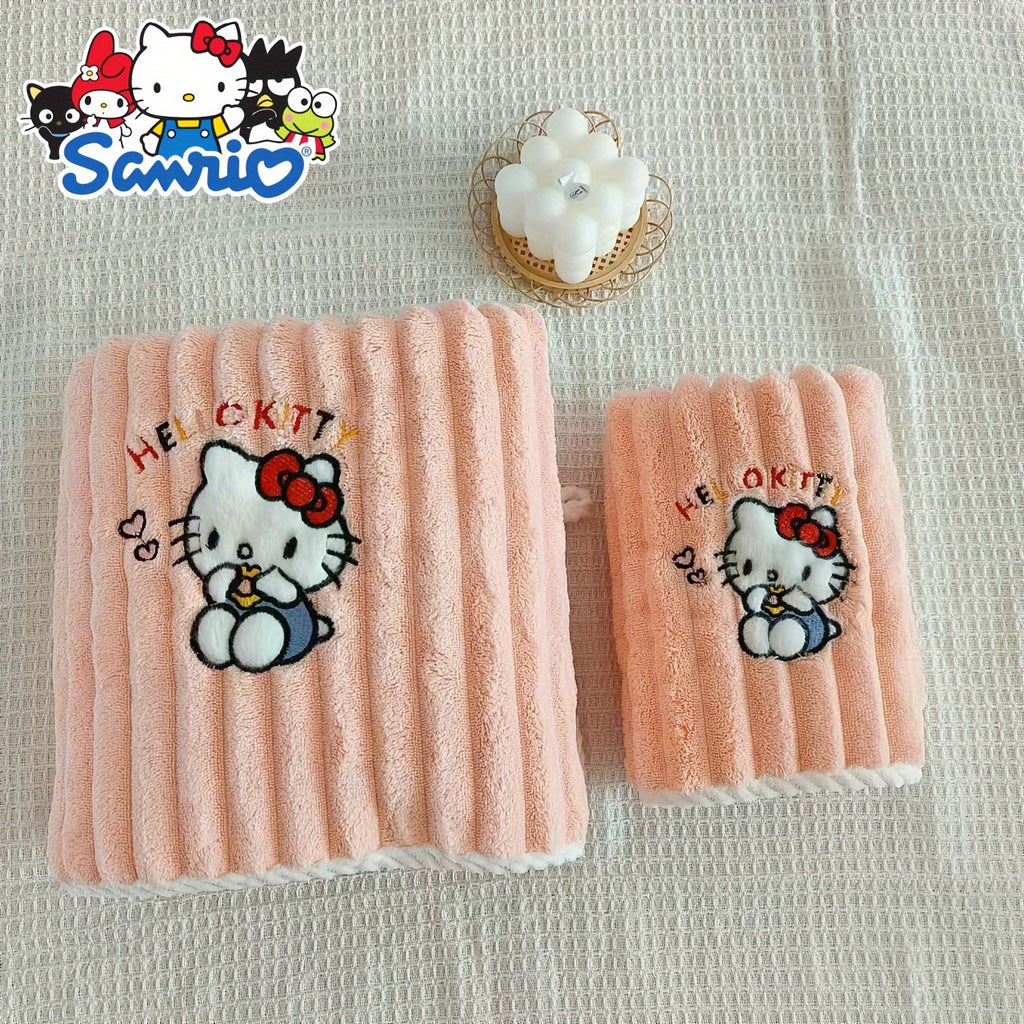 2pcs Set Sanrio Genuine Hello Kitty Bath Towels - Cute Y2K Hello Kitty Face & Name Print, Thick Soft Quick-Dry Absorbent Towels for, &, for home, Travel, Spa ( Bath Accessory)