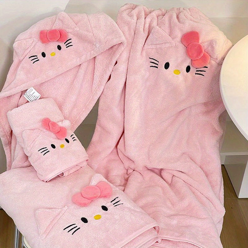 Set of Quick-Drying Bath Towels Featuring Sanrio'S Hello Kitty, Made from Soft, Water-Absorbing Fabric, Including Polyester And Nylon