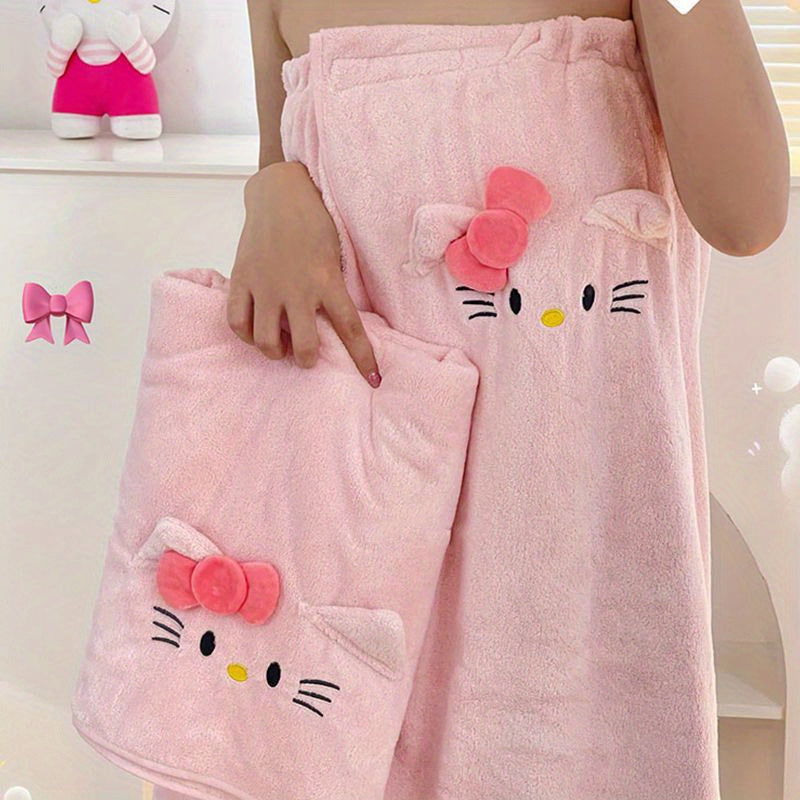 Set of Quick-Drying Bath Towels Featuring Sanrio'S Hello Kitty, Made from Soft, Water-Absorbing Fabric, Including Polyester And Nylon