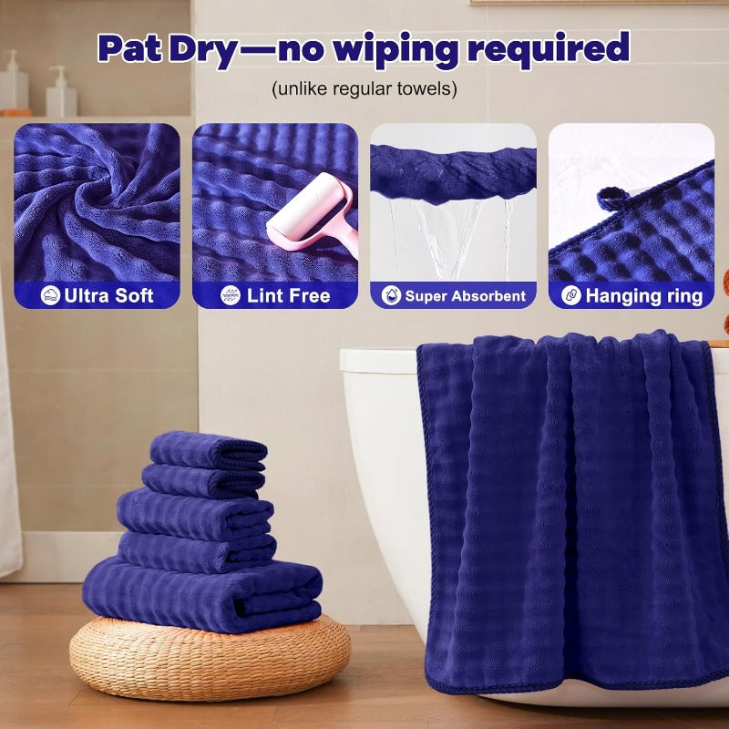 Set of 8 Lint-Free Towels in Navy Blue, Made of 500GSM Microfiber That Is Super Soft, Highly Absorbent, And Quick-Drying. This 3D Bubble Bathroom Set Includes 2 Bath Towels, 2 Hair Towels, 2 Hand Towels, And 2 Washcloths for Everyday Use.