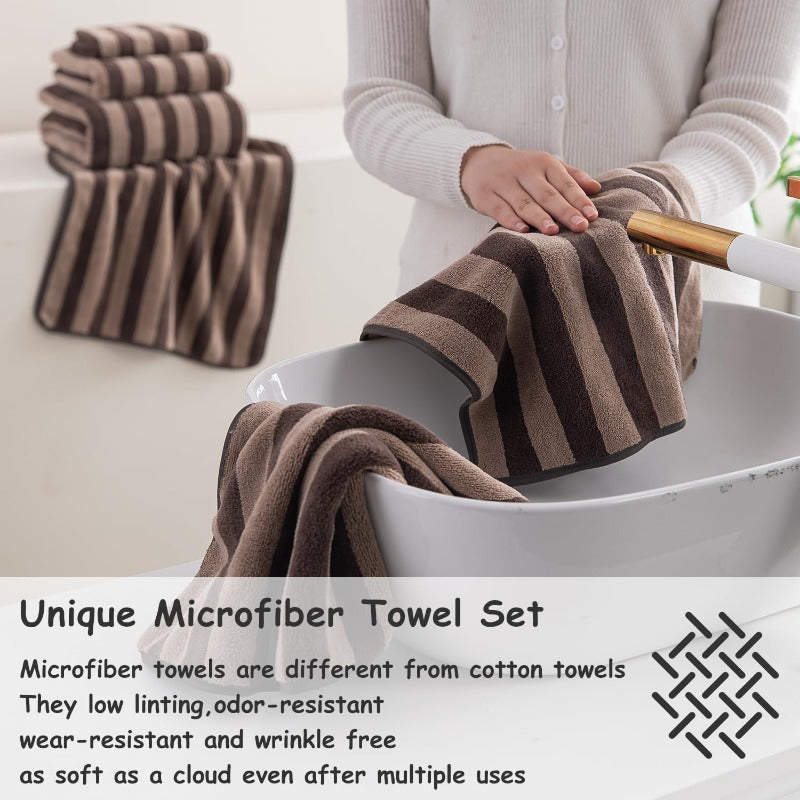 Set of 18 Brown Cabana Striped Towels for The Family, Featuring 6 Bath Sheets, 6 Hand Towels, And 6 Washcloths. These Ultra-Soft Bathroom Towels Are Highly Absorbent And Quick-Drying, Perfect for Use at The Beach, Spa, Gym, Or Hotel.