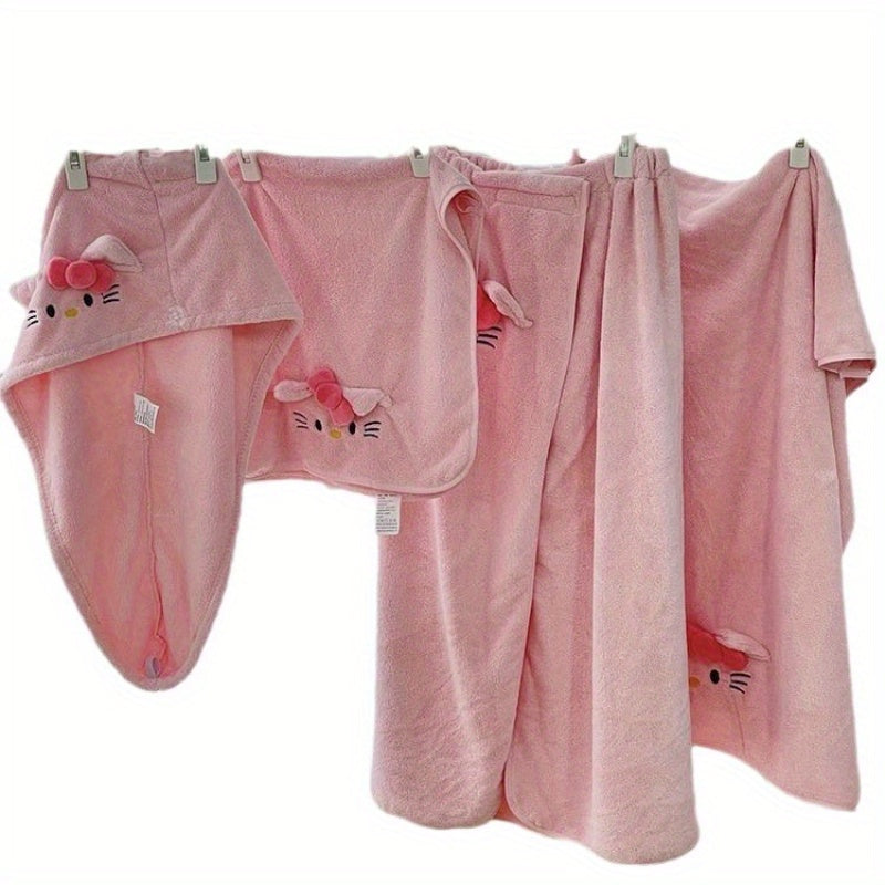 Y2K Sanrio Officially Approved for Hello Kitty Collection - Fast-Drying, Absorbent, Soft Coral Fleece, Weighing 300G, Pink with Heart And Bow Pattern, Ideal for Home Use Or As Gifts