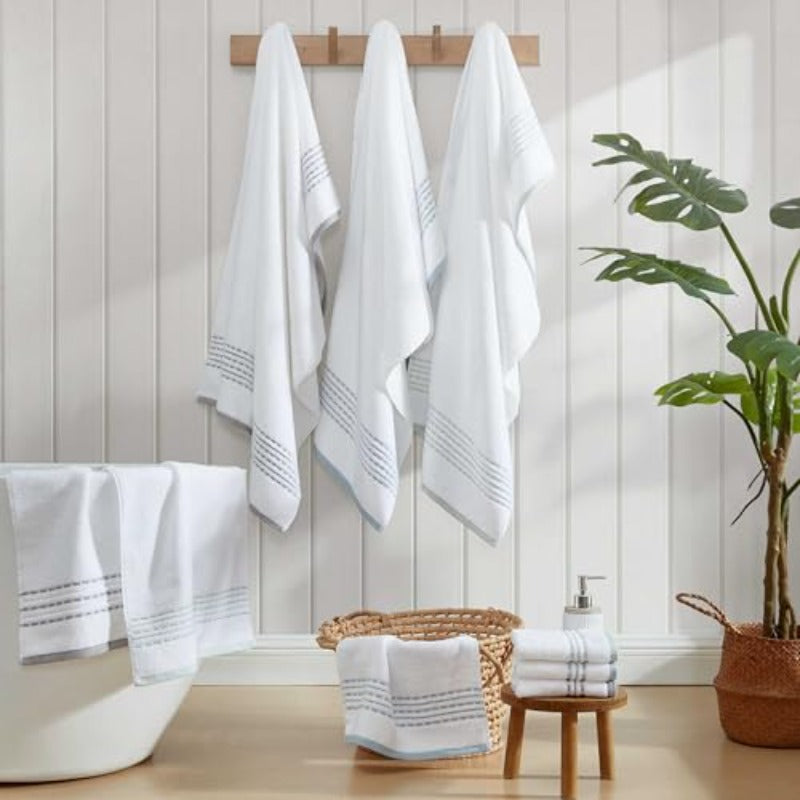 Towel Set Highly Absorbent Premium Towels with Embroidered Hem Details Tropical Inspired Design Oeko-Tex Certified Cliff Side Grey 3pcs