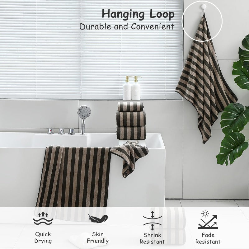 Set of 18 Brown Cabana Striped Towels for The Family, Featuring 6 Bath Sheets, 6 Hand Towels, And 6 Washcloths. These Ultra-Soft Bathroom Towels Are Highly Absorbent And Quick-Drying, Perfect for Use at The Beach, Spa, Gym, Or Hotel.