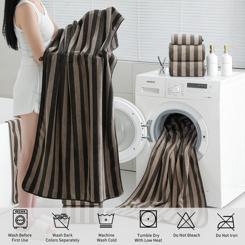 Set of 18 Brown Cabana Striped Towels for The Family, Featuring 6 Bath Sheets, 6 Hand Towels, And 6 Washcloths. These Ultra-Soft Bathroom Towels Are Highly Absorbent And Quick-Drying, Perfect for Use at The Beach, Spa, Gym, Or Hotel.
