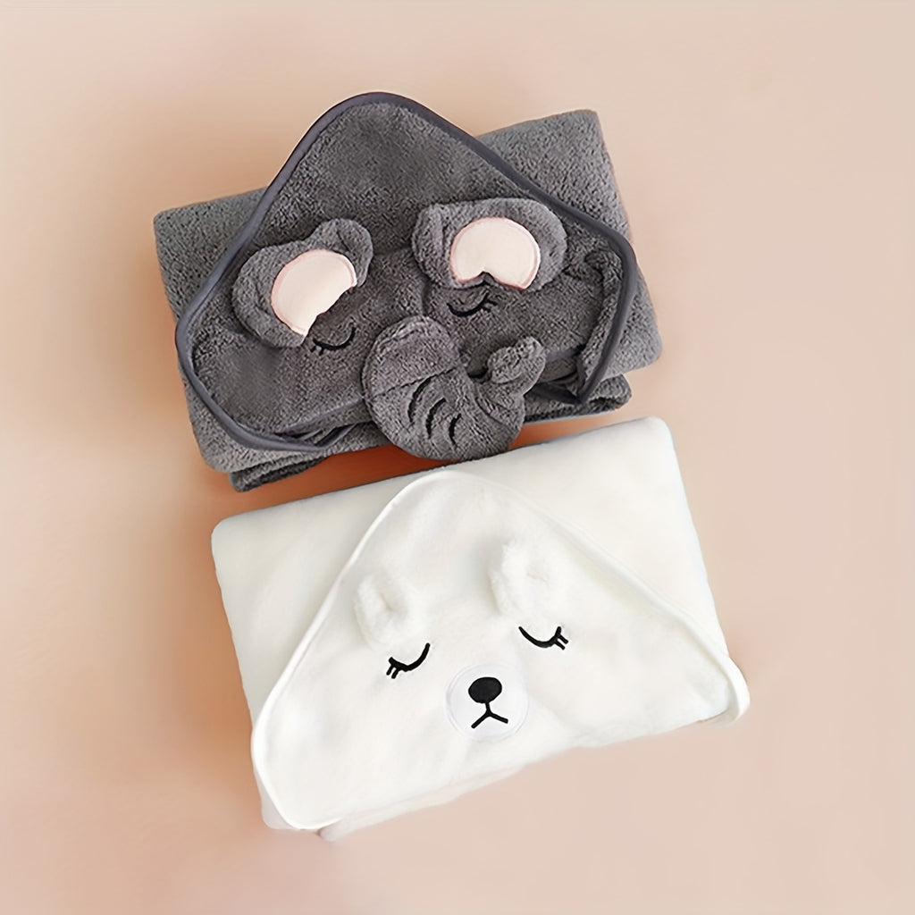 Baby Coral Cartoon Hooded Bath Towel Set of 2, Gray Elephant and White Bear Design