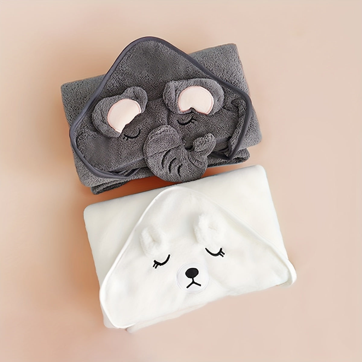 Baby Coral Cartoon Hooded Bath Towel Set of 2, Gray Elephant and White Bear Design