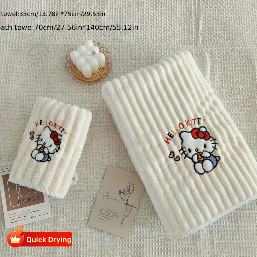 2pcs Set Sanrio Genuine Hello Kitty Bath Towels - Cute Y2K Hello Kitty Face & Name Print, Thick Soft Quick-Dry Absorbent Towels for, &, for home, Travel, Spa ( Bath Accessory)