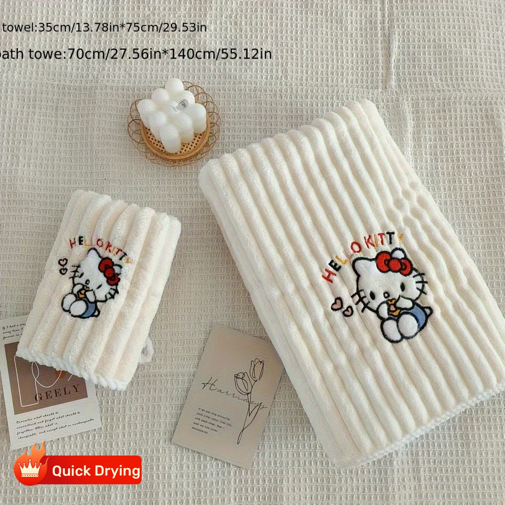 2pcs Set Sanrio Genuine Hello Kitty Bath Towels - Cute Y2K Hello Kitty Face & Name Print, Thick Soft Quick-Dry Absorbent Towels for, &, for home, Travel, Spa ( Bath Accessory)