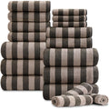 Set of 18 Brown Cabana Striped Towels for The Family, Featuring 6 Bath Sheets, 6 Hand Towels, And 6 Washcloths. These Ultra-Soft Bathroom Towels Are Highly Absorbent And Quick-Drying, Perfect for Use at The Beach, Spa, Gym, Or Hotel.