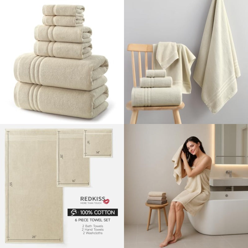 Beige Towels Set 6pcs Towel Sets with 2 Bath Towels 2 Hand 2 Washcloths 650GSM Hotel Quality Soft Highly Absorbent Towels for Bathroom Gym Ideal Everyday Use