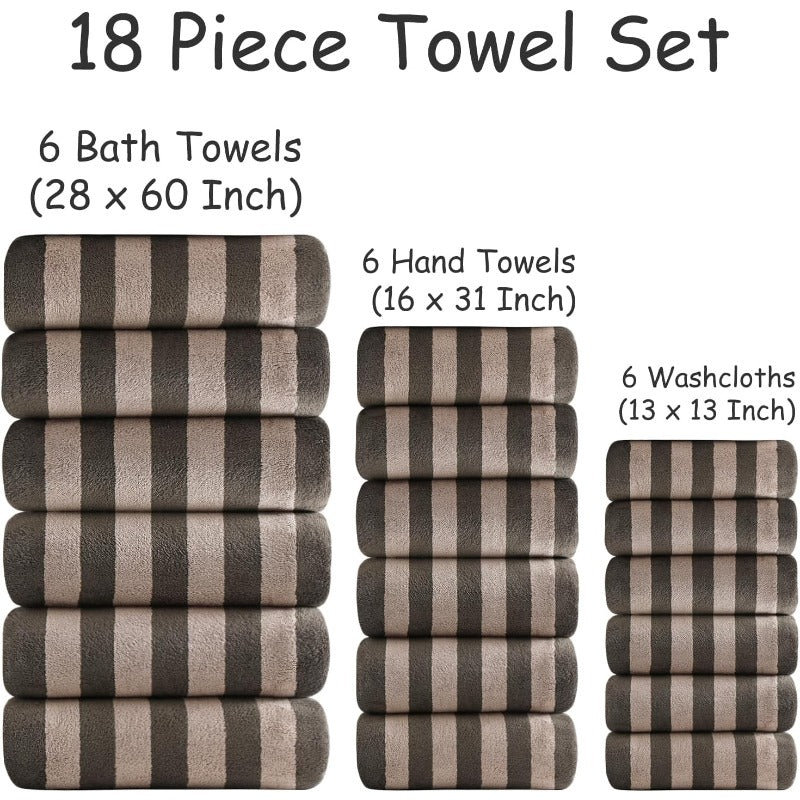 Set of 18 Brown Cabana Striped Towels for The Family, Featuring 6 Bath Sheets, 6 Hand Towels, And 6 Washcloths. These Ultra-Soft Bathroom Towels Are Highly Absorbent And Quick-Drying, Perfect for Use at The Beach, Spa, Gym, Or Hotel.