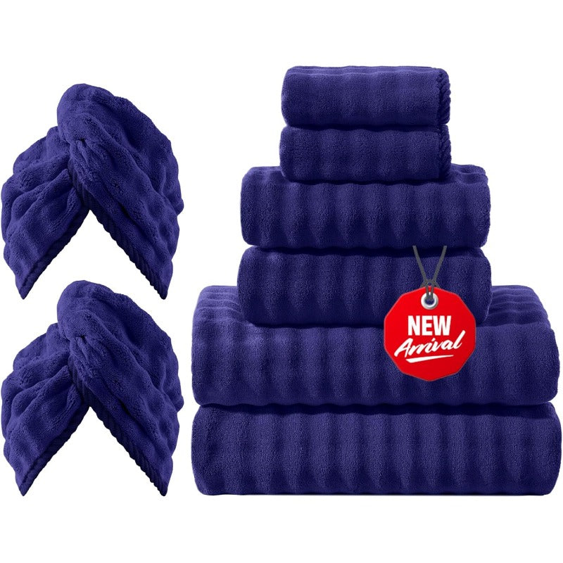 Set of 8 Lint-Free Towels in Navy Blue, Made of 500GSM Microfiber That Is Super Soft, Highly Absorbent, And Quick-Drying. This 3D Bubble Bathroom Set Includes 2 Bath Towels, 2 Hair Towels, 2 Hand Towels, And 2 Washcloths for Everyday Use.