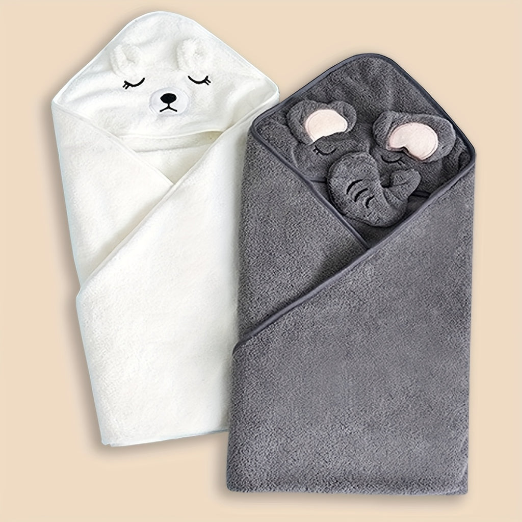 Baby Coral Cartoon Hooded Bath Towel Set of 2, Gray Elephant and White Bear Design